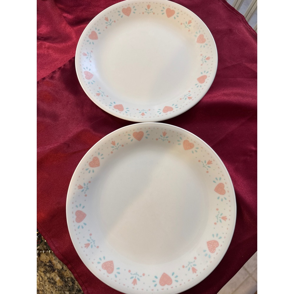Corelle Luv It Salad Plates Set of 2 Pink Hearts Teal Flowers 8.5 Inch USA Made